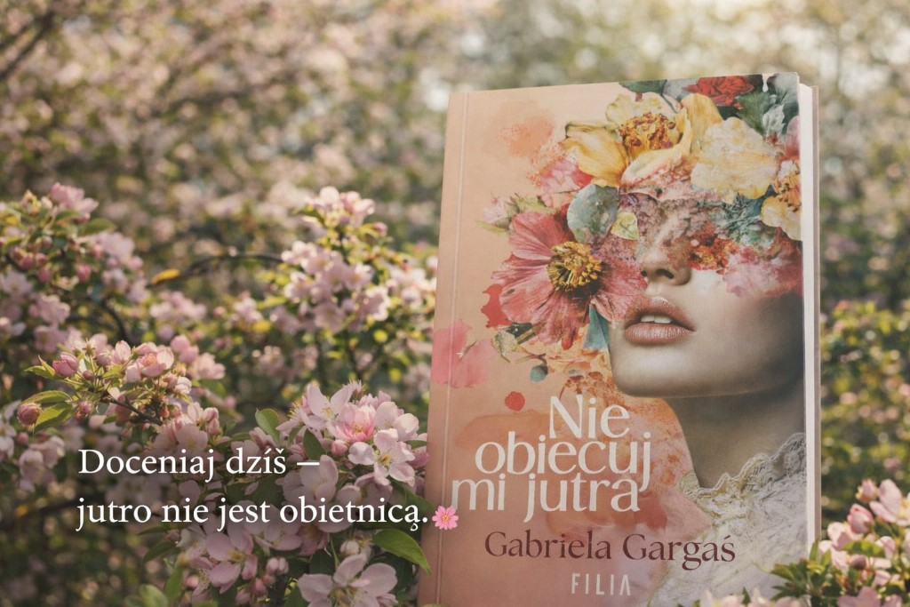 Książka „Nie obiecuj mi jutra” Gabrieli Gargaś na tle kwitnących gałęzi drzew; na okładce kobieca twarz z motywem kwiatów.