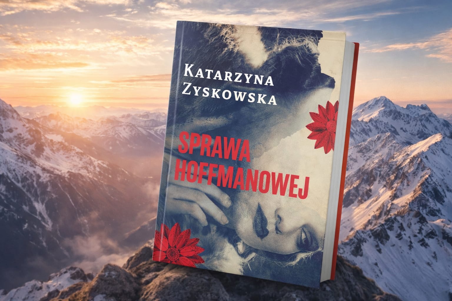 Na pierwszym planie znajduje się książka autorstwa Katarzyny Zyskowskiej "Sprawa Hoffmanowej". W tle widać zachód słońca oraz góry